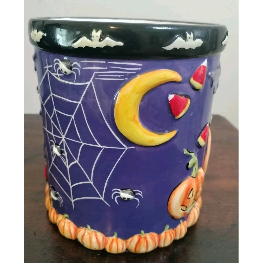Vintage Halloween Purple Ceramic Pumpkin Bat Spider Web Candle Holder Jar Decor
